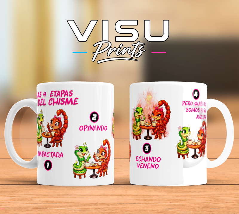 Taza “Las 4 Etapas del Chisme – Víboras Edition” 🐍🦂☕😂